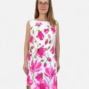 Vintage 60s White Bright Pink Floral Print Sleeveless Cotton Dress 8